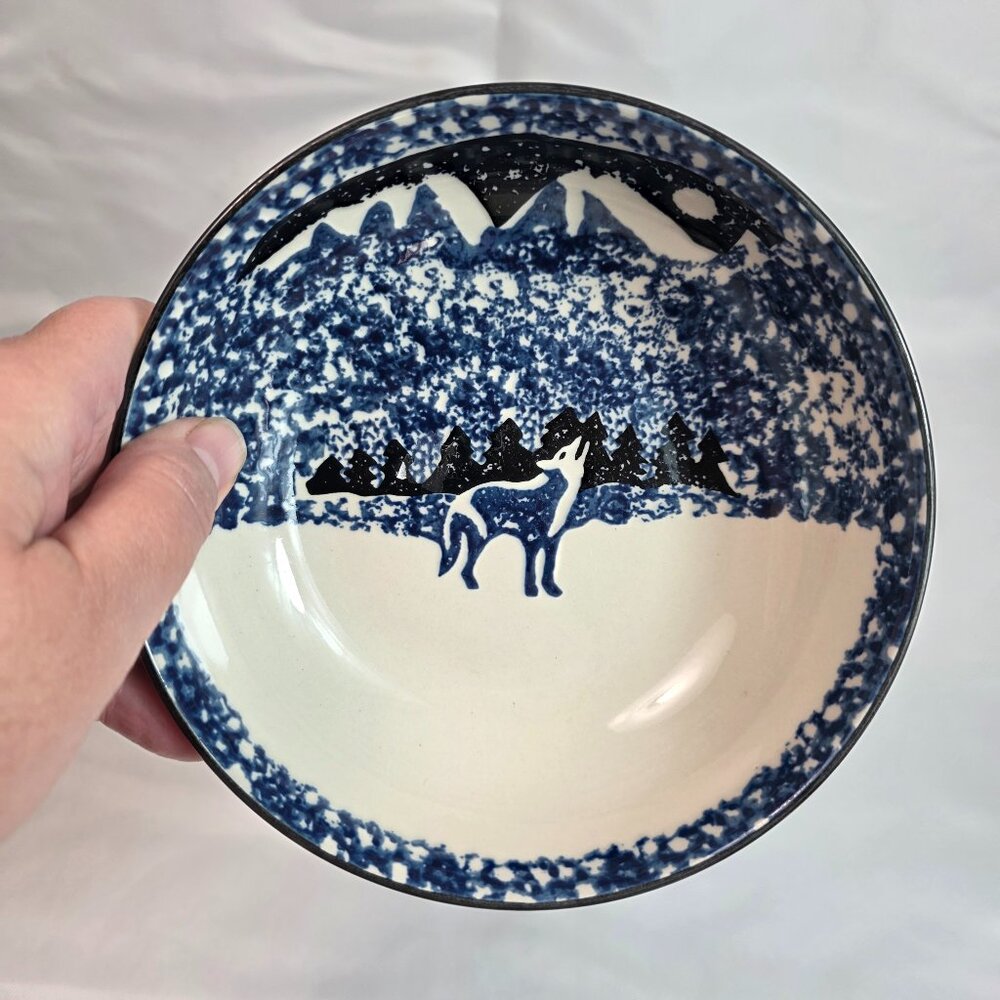 TWO Tienshan Folk Craft Wolf Coupe Cereal Bowls Blue Wolf & Sponge Rim